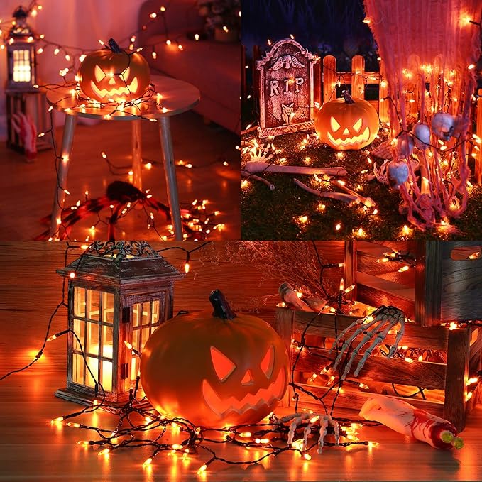 BrizLabs Orange Halloween Lights, 33ft 100 LED Battery Halloween Lights, 8 Modes Orange String Light with Timer, Indoor Outdoor Battery Light String for Party Xmas Thanksgiving Bedroom Patio Decor