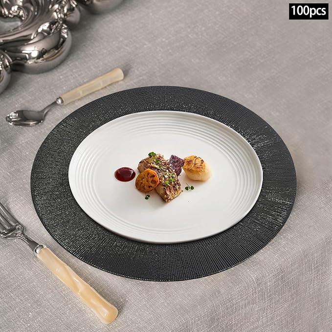 Antique Charger Plates Set 13'' Round Embossed Dinner Plate Chargers Plastic Elegant Floral Plates for Dinner Wedding Party Event Table Kitchen Decoration 100PCS (Black 100Pcs)