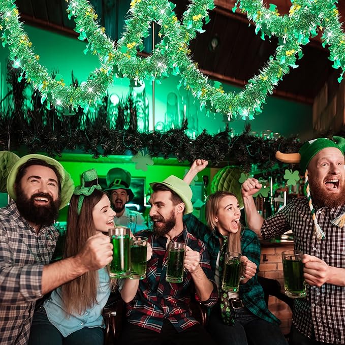 33 FT St Patricks Day Garland with Gold Green Shamrock Hat Tinsel Garland,Shiny Metallic Garlands St Patricks Day Decor for Home Indoor Outdoor St Patricks Party Supplies