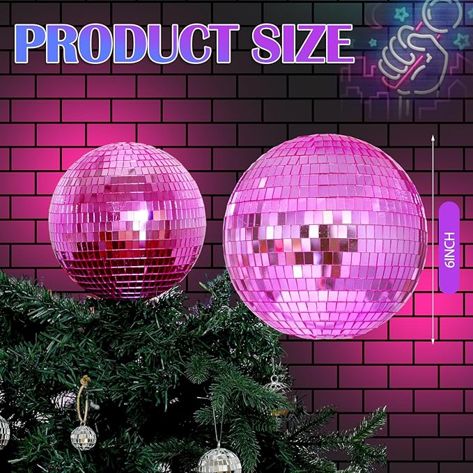 Retisee 8'' Pink Disco Ball Christmas Tree Topper Disco Mirror Ball Xmas Tree Topper 3D Hollow Pink Disco Ball Decor Disco Ball Ornament for 70s Disco Holiday Wedding Birthday Party Decorations