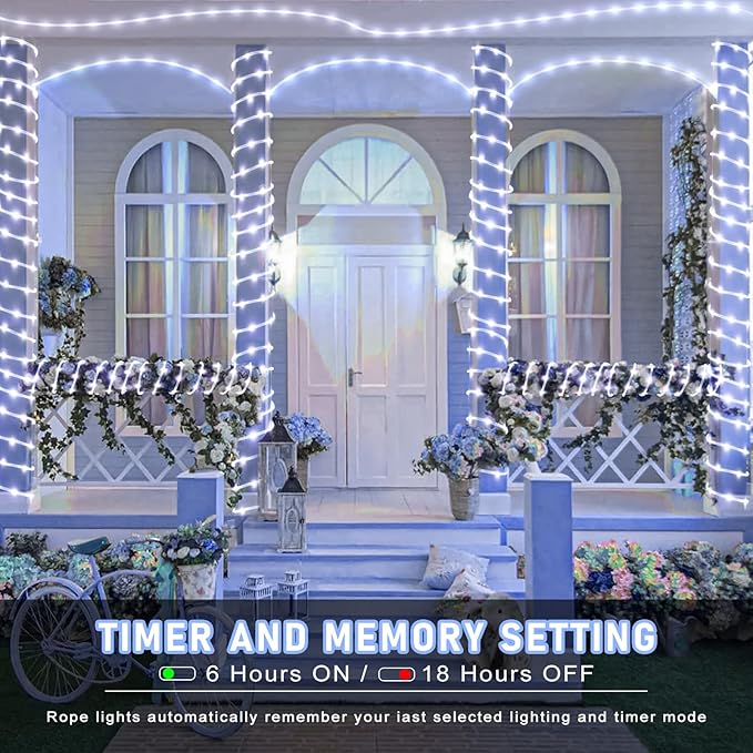 100FT 300 LED Rope Lights Outdoor, Connectable and Flexible Tube Lights with 8 Modes, Waterproof Rope Lighting Indoor for Deck, Garden, Patio, Landscape, Pool, Party Decorations - White