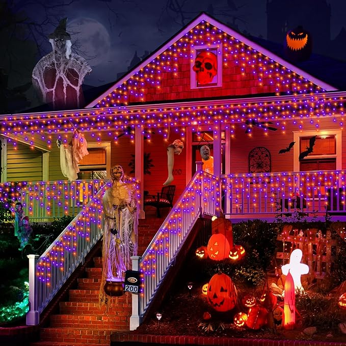 KNONEW 99FT 960 LED Orange Purple Halloween Lights Outdoor Black Wire String Lights with 180 Drops, 8 Lighting Modes, Timer Memory Function Hanging Curtain Lights for Halloween Party