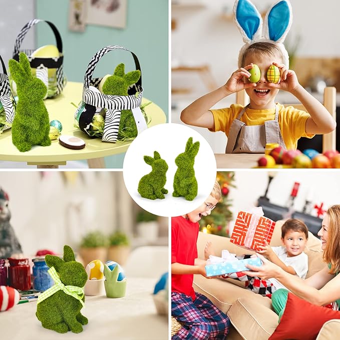 Easter Bunny Decorations,Resin Moss Bunny Figurine,Garden Artificial Moss Rabbit Easter Décor Easter Party Favors Gifts(Medium Sit)