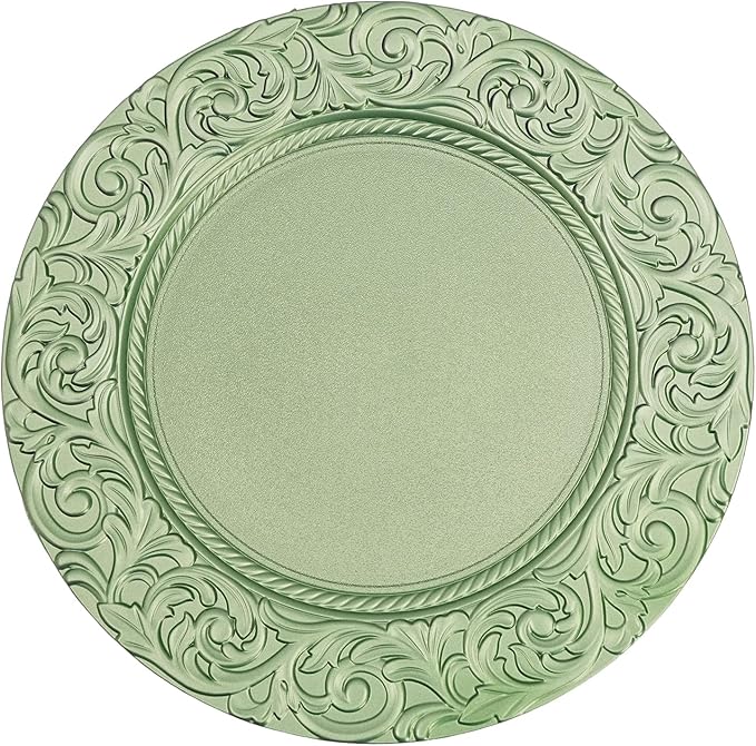 Antique Charger Plates Set 13'' Round Embossed Dinner Plate Chargers Plastic Elegant Floral Plates for Dinner Wedding Party Event Table Kitchen Decoration 100PCS (Green 100Pcs)