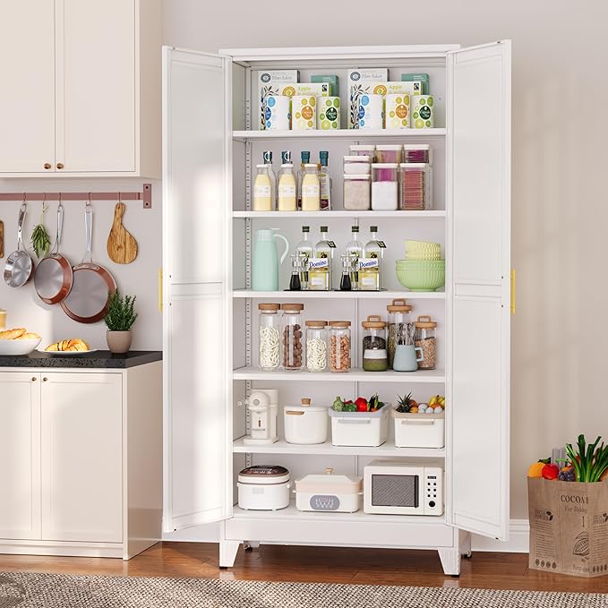Metal Pantry Cabinet with 2 Doors and 5 Adjustable Shelves, 75" Kitchen Storage cabinets with Gold Handles, Versatile Storage for Laundry Room, Living Room, Bathroom, Dinning Room, Utility Room-White