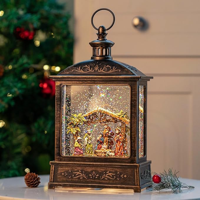12.5'' Christmas Snow Globe Lighted Manger Nativity Scene, Musical Water Lantern Play Silent Night Music in Swirling Glitter, for Home, Battery Operated or USB Powered
