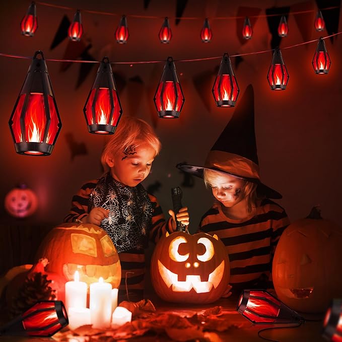 iBaycon Solar Halloween Lights, 27Ft 10 LED Bulbs Flickering Flame String Light, Outdoor Waterproof Solar Flame Lights for Garden Yard Patio Halloween Decorations (Red)