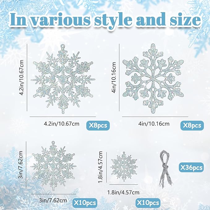 36pcs Iridescent Silver Christmas Snowflake Ornaments, Plastic Sparkling Glitter Hanging Snow Flakes for Christmas Tree Decorations Winter Wonderland Frozen Birthday Party Holiday Home Decor