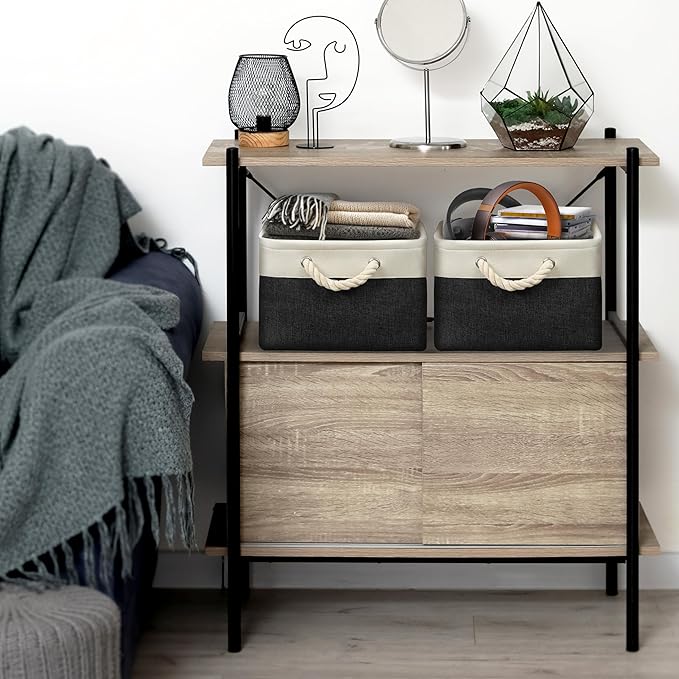 SIMPLE HOUSEWARE Large Fabric Storage Bin, 15.7" x 12" with Braided Handles, 3 Pack, Black