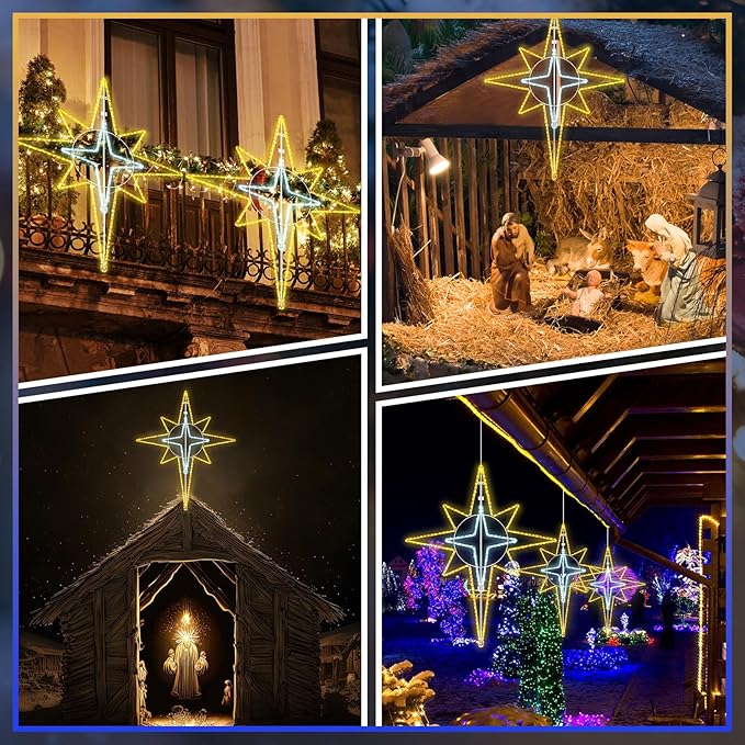 43'' Christmas Star of Bethlehem LED Star Hanging Lights Nativity Holy Family Light for Door Window Porch Wall Decoration Plug Operated Lighted Hanging Tree Topper(White, Warm Light)