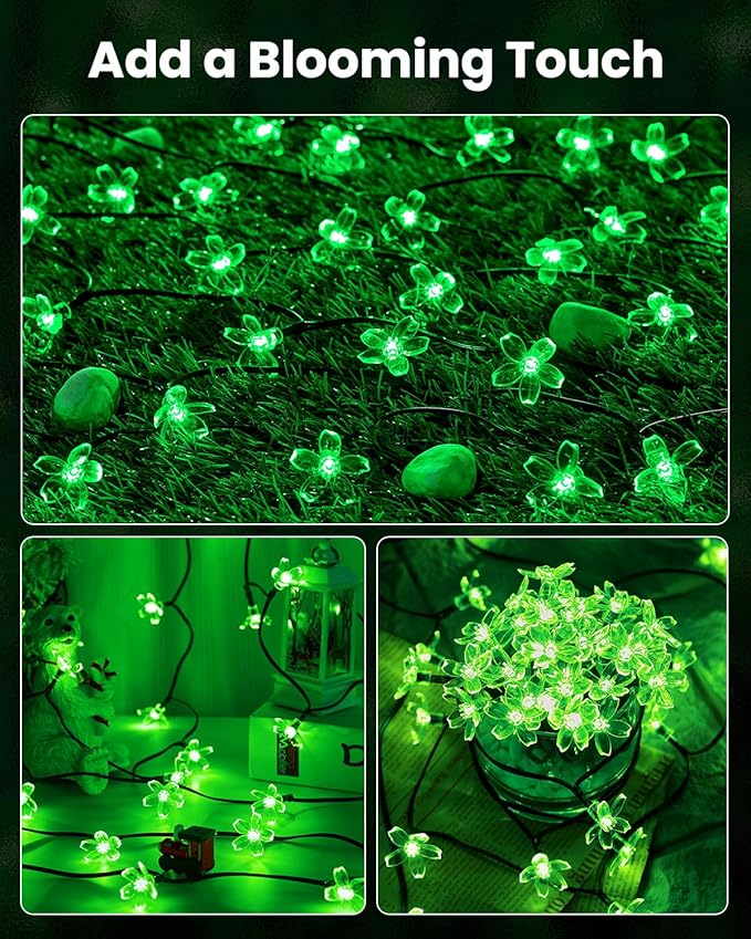 Brightown 2 Pack Total 52FT 120 LED Solar Flower String Lights for Outside Waterproof Fairy Lights for Garden Yard Fence Patio Christmas Tree Wedding Party Decor, Green