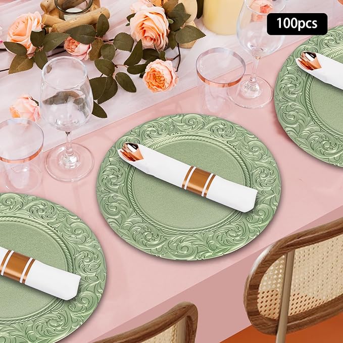 Antique Charger Plates Set 13'' Round Embossed Dinner Plate Chargers Plastic Elegant Floral Plates for Dinner Wedding Party Event Table Kitchen Decoration 100PCS (Green 100Pcs)