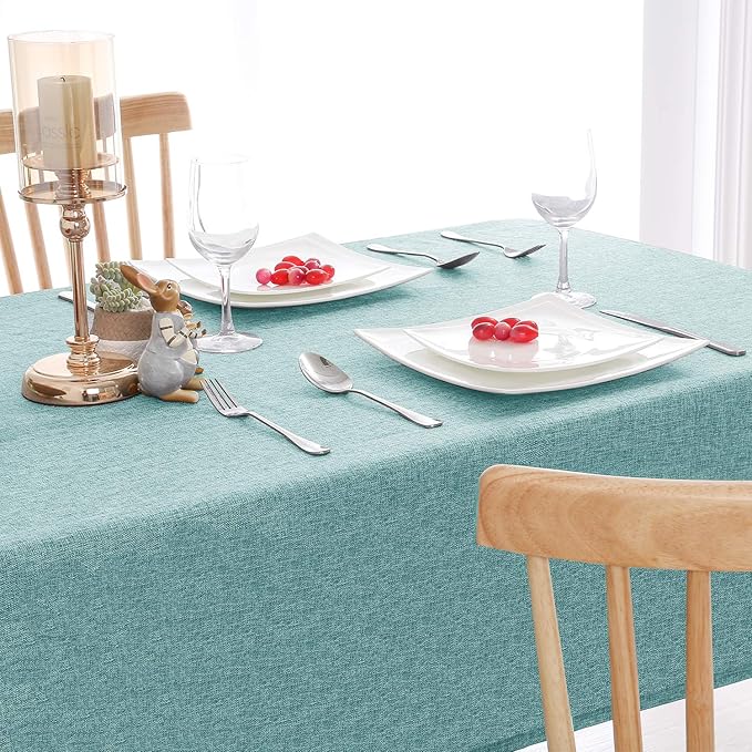 Hiasan Faux Linen Rectangle Tablecloth - Wrinkle and Stain Resistant Washable Table Cloth for Kitchen Dining Room Holiday Table Cover for Party Dinner, Aqua, 60 x 84 Inch