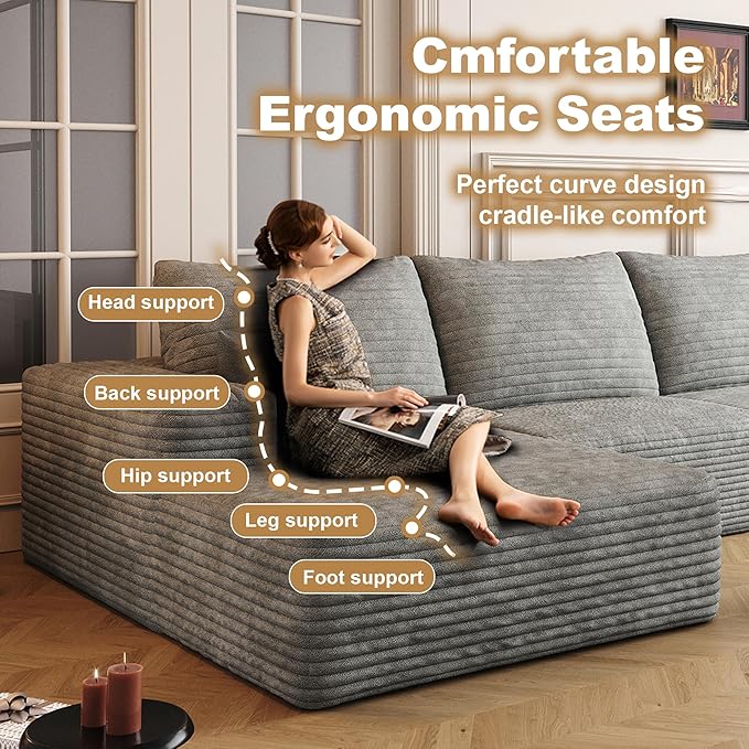 136" Sectional Couches for Living Room Modern Modular Sofa with L-Shape Couchs Upholstered Boneless Couch Deep Seat Sectional Couch with Chaise (Grey, Left Facing Chaise+3Seaters)