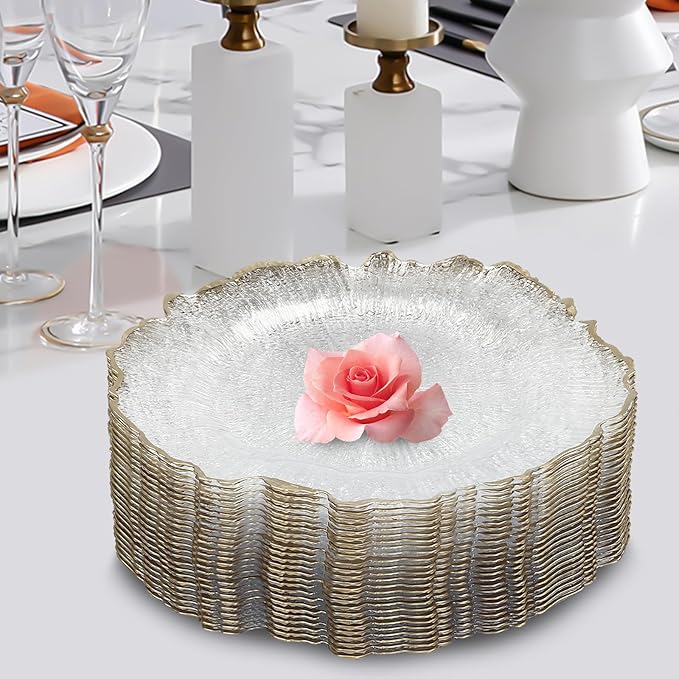 Charger Plates Set 12.6'' Round Embossed Dinner Plate Chargers Plastic Elegant Floral Plates for Dinner Wedding Party Event Table Kitchen Decoration 25Pcs (Gold-25Pcs)