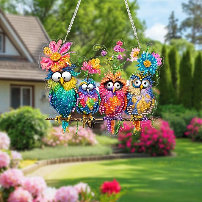 Diamond Art Kit for Adult, 5D Diamond Art Painting Window Pendants Home Garden Wall Hanging Kits Hanging Ornament, DIY Acrylic Double Sided Ornaments (Bird)