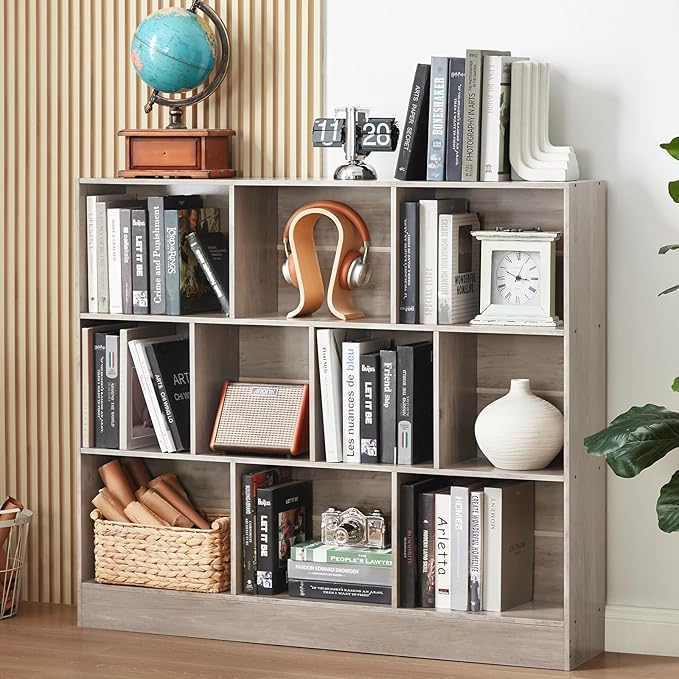LEYAOYAO 10 Cube Bookshelf with Base,3 Tier Mid-Century Modern Grey Bookcase,Standing Wide Bookshelves Storage Organizer Shelf,Rustic Wood Display Cabinet Book Shelves for Bedroom,Living Room,Office