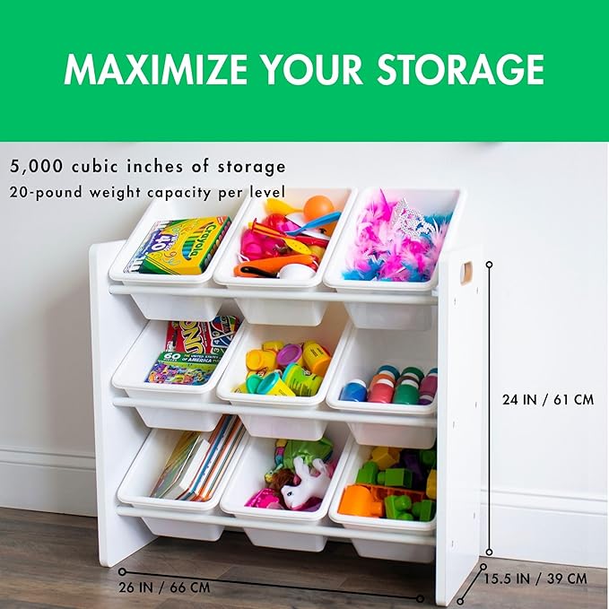 Humble Crew 9-Bin Toy Organizer – Cambridge White Plastic Bins, 3-Tier Storage Solution for Kids' Playrooms and Nurseries