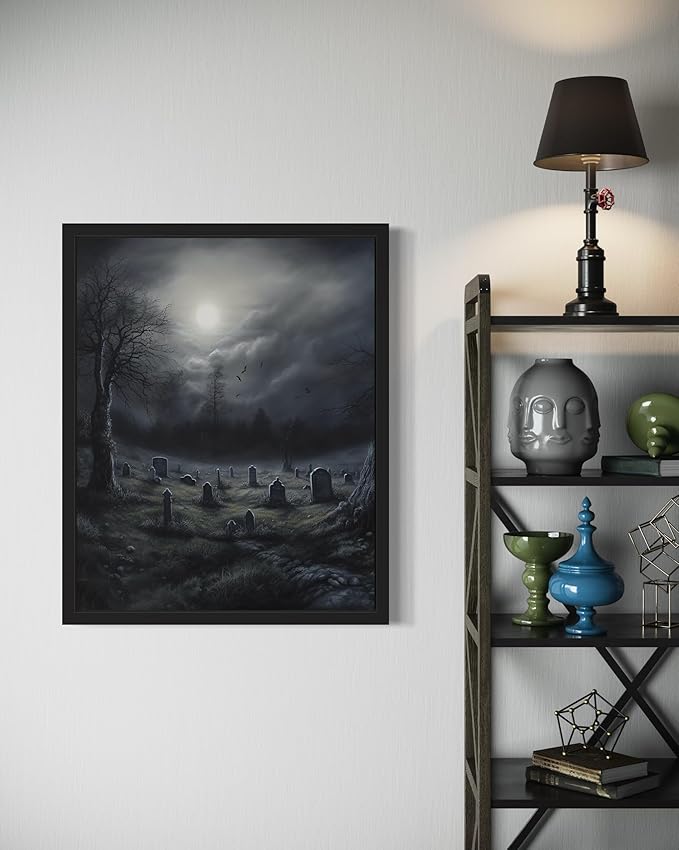 Gothic Graveyard Poster Art Print, Halloween Scary Vintage Wall Art Academia Spooky Painting Decoration for Horror Prints, Posters Bedroom Decor 89 (Gothic Graveyard, 8 x 10 inches, Black Frame)