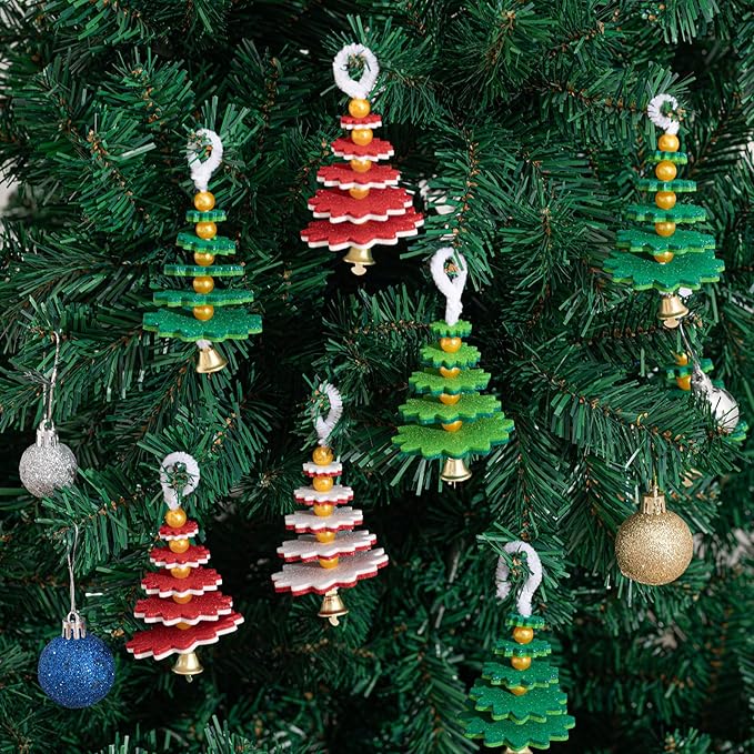 Hollowfly 24 Sets Felt Christmas Tree Ornament Craft Kit Small Layered Christmas Tree Felt Crafts for Xmas Decoration Stocking Stuffer Holiday Fun School DIY Activities