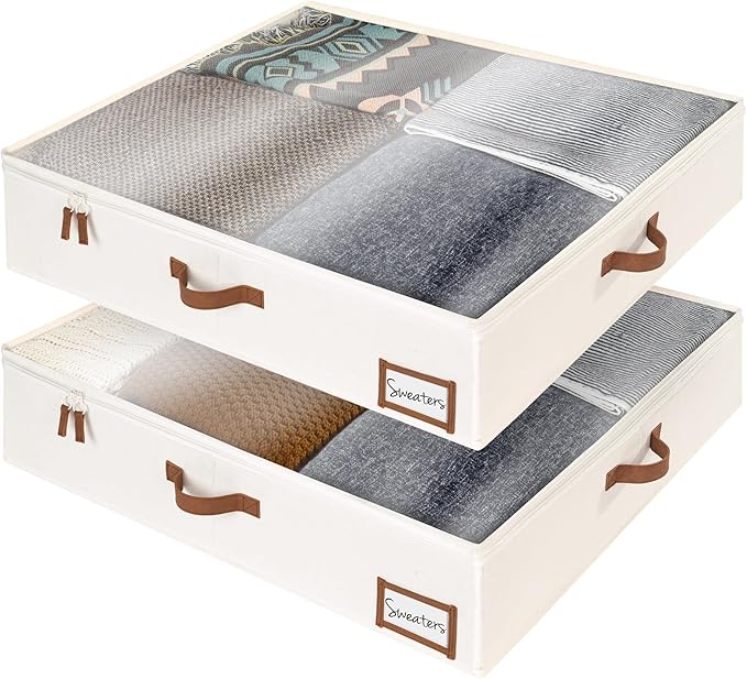 StorageWorks Underbed Storage Box, Under Bed Clothes Organizer With Sturdy Structure and Ultra Thick Fabric, Beige, 30" L x 28" W x 6" H, 2 pack
