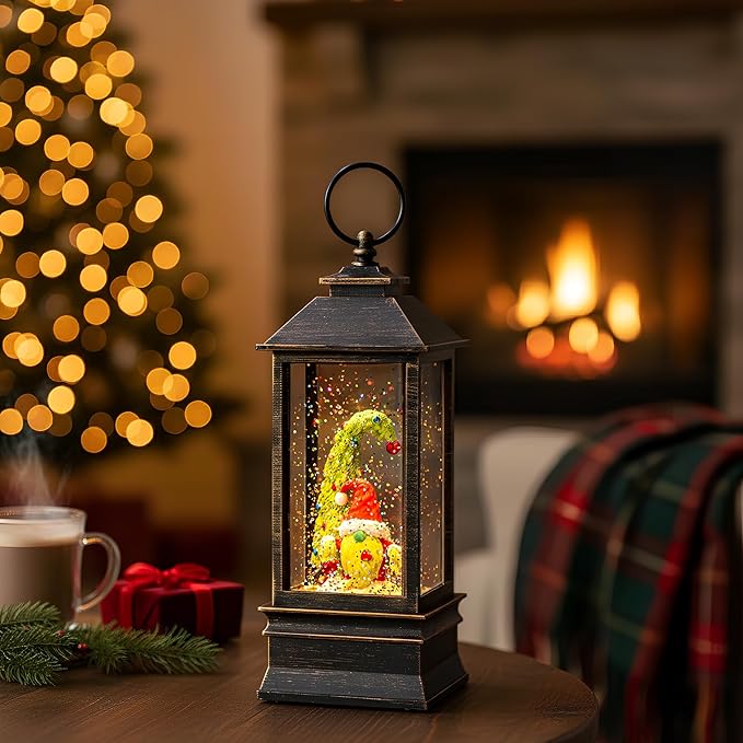 10'' Christmas Gnomes Snow Globe Lantern Lighted Santa Elf Musical Water Lantern Swirling Glittering Home Decoration and Gift, Battery Operated or USB Powered