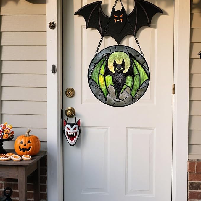 Stained Glass Window Hanging - Halloween Black Bat Green Wings Monster Suncatcher for Doors Garden Home Spooky Sun Catchers Gothic Decor Horror Gift for Women Men Friend Boy Girl 9.8 in