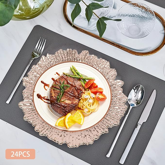 Antique Charger Plates Set 13'' Round Embossed Dinner Plate Chargers Plastic Elegant Floral Plates for Dinner Wedding Party Event Table Kitchen Decoration 24PCS (Rose 24Pcs)
