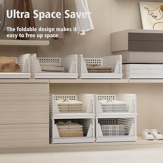 Stackable Plastic Storage Basket Closet Organizer Bin Foldable Clothes Organizer Storage Drawer Shelf Container for Living Room Bathroom Kitchen Office Laundry Room