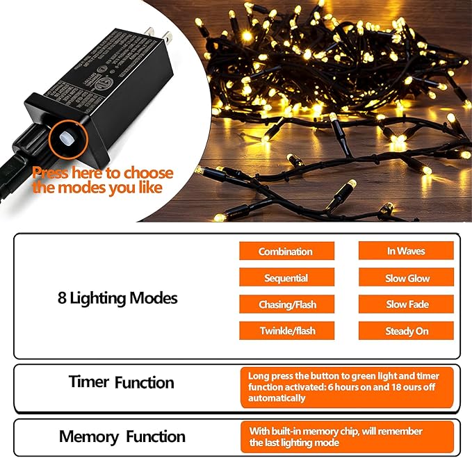 Upgraded Super Long 264FT 800 LED Christmas String Lights Outdoor & Indoor, Memory Function Timer and 8 Modes, Green Wire Waterproof String Lights for Xmas Tree Holiday Party Garden Decor (Warm White)