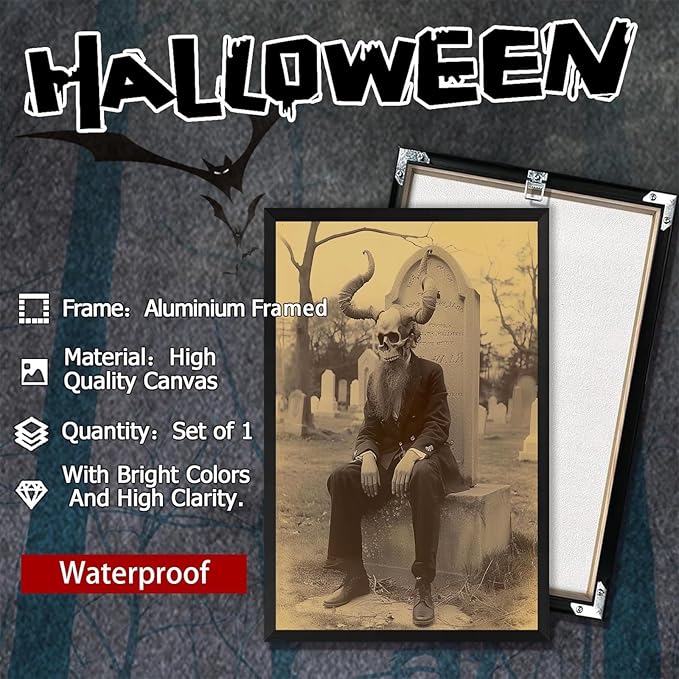 Skeleton Halloween Forest Occult Poster Vintage Spooky Canvas Wall Art Gothic Room Decor Dark Academia Bedroom Decorations Creepy Skull Prints Picture Aesthetic 24X36inch Aluminum Framed