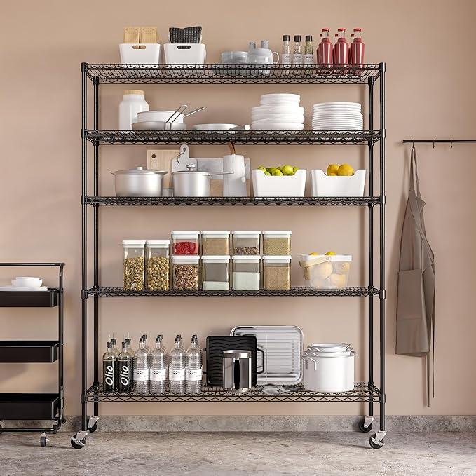 Seville Classics UltraDurable Heavy Duty NSF Solid Steel Wire Rack Storage Unit, Organizer for Garage, Warehouse, Office, Restaurant, Classroom, Kitchen, Black, 5-Tier Shelving, 60" W x 18" D