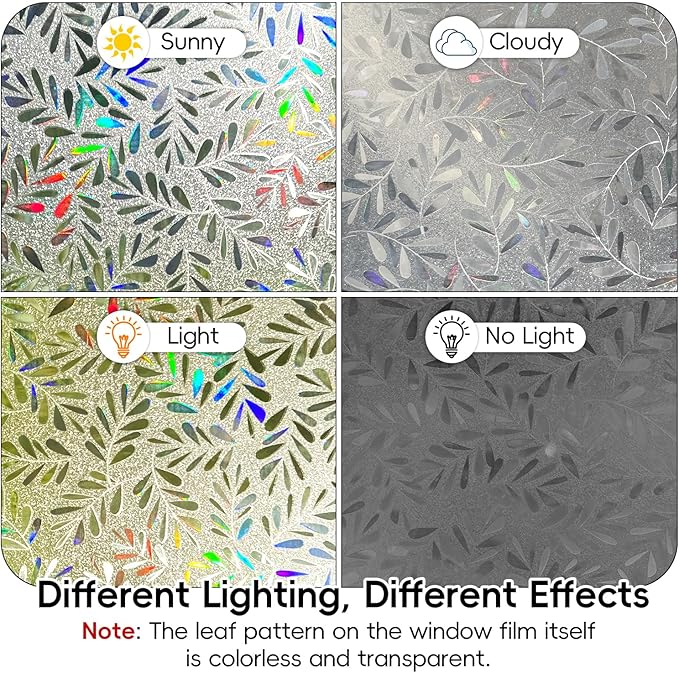 DUOFIRE Window Privacy Film Rainbow Window Film Decorative Leaves Pattern Window Cling Frosted Reusable Anti-UV Non-Adhesive Static Cling Privacy Film for Home Office 35.4 × 78.7 inches
