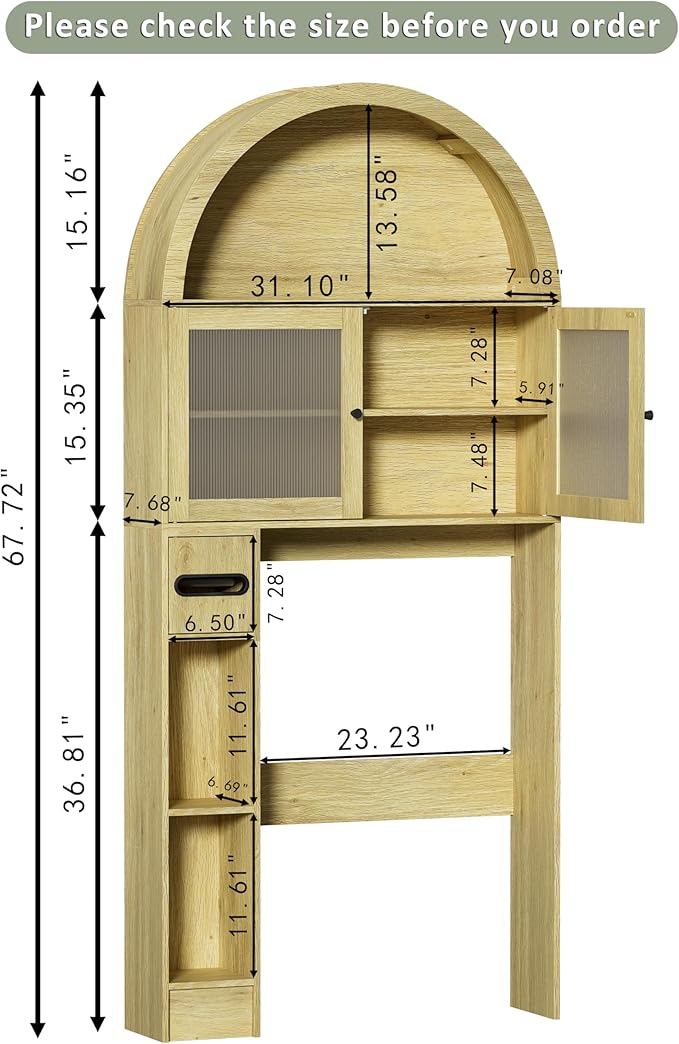 Over The Toilet Storage Cabinet, 31''W Arched Space-Saving Bathroom Organizer with Adjustable Shelf and Acrylic Doors, Freestanding Over Toilet Cabinet for Bathroom, Laundry, Restroom (Oak Wood)