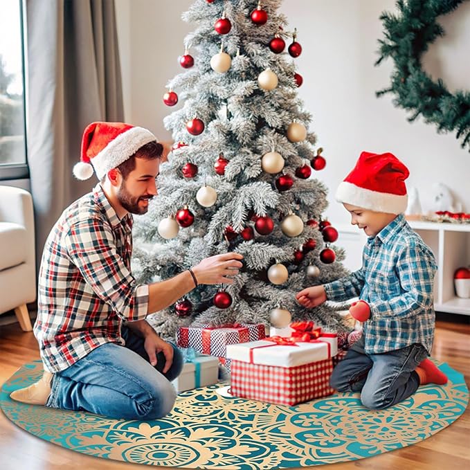 48" Large Christmas Tree Skirt, Elegant Teal Green Mandala Pattern Pattern Tree Mat Base Cover for Xmas Festive Holiday Party Decoration Ornaments