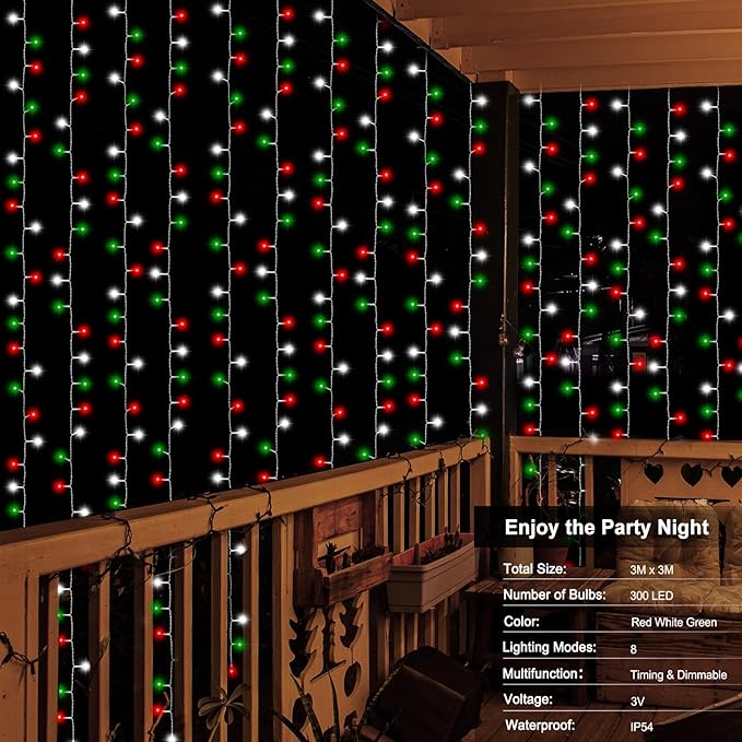 echosari Red White and Green Christmas Curtain Lights Battery Operated, 300 LED Fairy Curtain Lights 9.8Ft x 9.8Ft Hanging Lights with Remote Timer for Party Holiday Garden Yard Decor