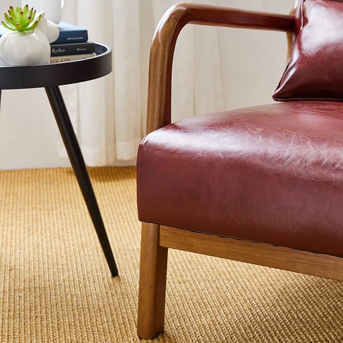 Glitzhome 2 Set Mid Century Red Accent Armchair, Single Reading Armchair PU Leather Lounge Chair with Walnut Ruberwood Frame