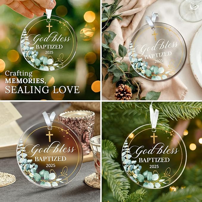 HEXMOZ God Bless Baptized Ornament 2025 - Christian Easter Baptism Gifts for Boys, Girls, Adults - Cross Christening Gift for Baby Boy Girl Godson Goddaughter - Acrylic Christmas Keepsake Decoration