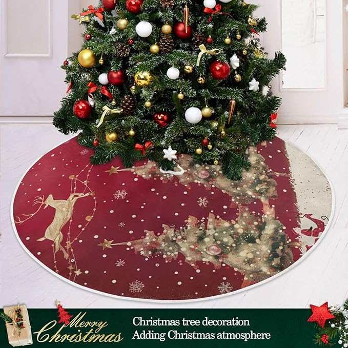 48 Inch Christmas Tree Skirt With Reindeer - Xmas Tree Mat for New Year Party Decorations