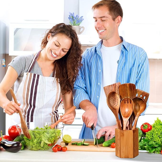 GreyWooden Kitchen Utensil Set, 6Pcs Wooden Cooking Utensils for Non-Stick Pan, 100% Natural Teak Wooden Spatula