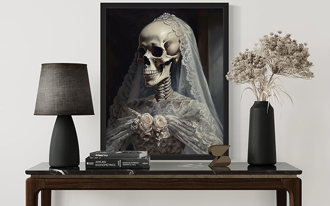 Skull Gown Poster Art Print, Halloween Scary Vintage Wall Art Academia Spooky Painting Decoration for Horror Prints, Gothic Posters Bedroom Decor 89 (Skull Gown, 11 x 14 inches, Black Frame)