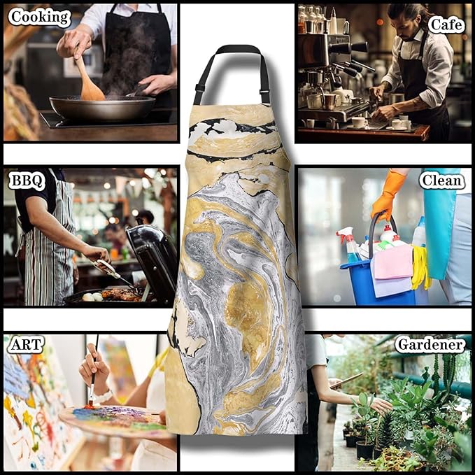 Funny Aprons for Adults Women Gold and Black Marble Women Apron for Kitchen Cooking Restaurant BBQ Painting Crafting Gardening 27” (W) x 31” (H), Waterproof Apron