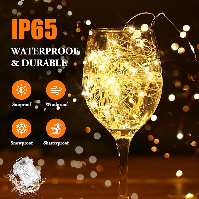 2 Pack 100 LED Fairy Lights Battery Operated with Remote, 33FT Waterproof Twinkle Lights with 8 Modes & Timer, String Lights for Bedroom DIY Wedding Indoor Outdoor Christmas Decorations, Warm White