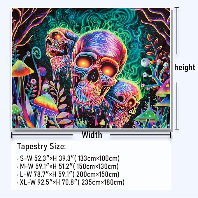Amonercvita Blacklight Skull Tapestry Trippy Skeleton Wall Tapestries UV Reactive Neon Plants Trees Tapestries Aesthetic Galaxy Space Tapestry Wall Hanging for Bedroom Decor(W59.1×H78.7 inches)