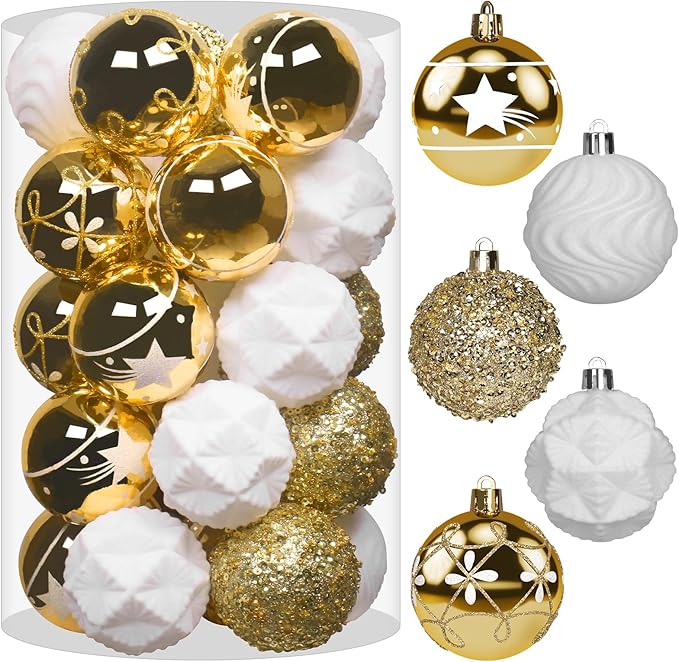 2.36In Velvet Christmas Ball Ornaments, 25PCS Gold/White Flocked Christmas Tree Hanging Decorations, for Home Holiday Wedding Indoor Xmas Party Decor.