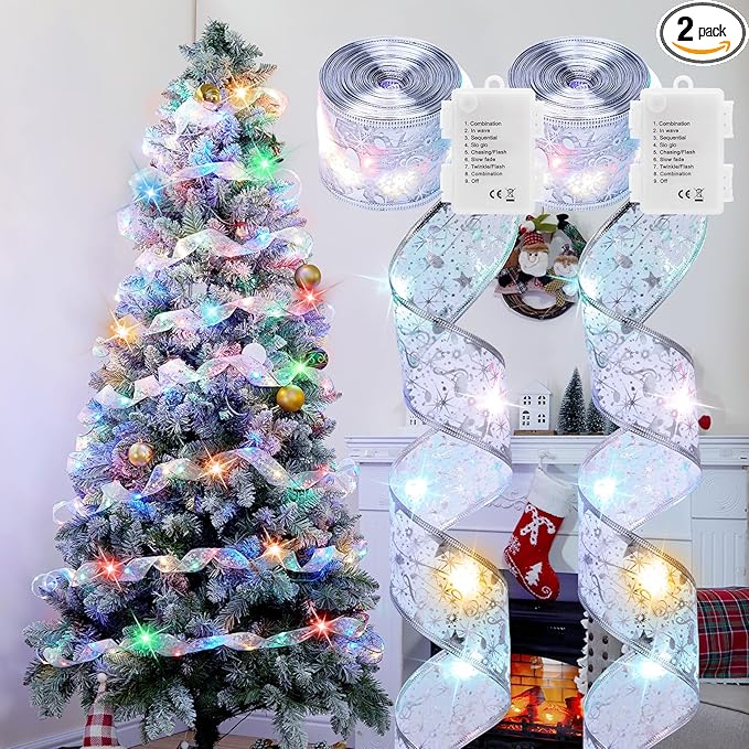 2 Pack Christmas Tree Ribbon String Lights - 33ft 100 LED Battery Powered Fairy Lights with Timer and 8 Lighting Modes, Ribbon Bows Light for 6ft - 8ft Christmas Tree Decor, Silver Ribbon, Multi-color