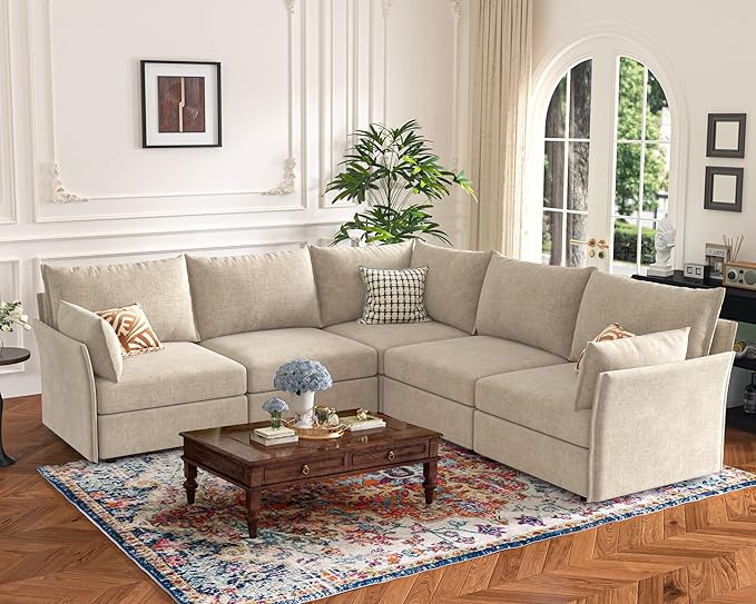 135.5" Oversized Modular Sectional Sofa, L Shaped Convertible Couch with Movable Ottoman, 5 Seat Corner Couches for Living Room Deep Seat Beige Chenille