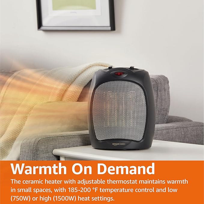 Amazon Basics Ceramic Space Heater, Portable Indoor Heating Solution, With Overheat and Tip-Over Protection, Thermostat, Non-Oscillating, 1500W, 7.52"D x 6.34"W x 9.45"H, Black