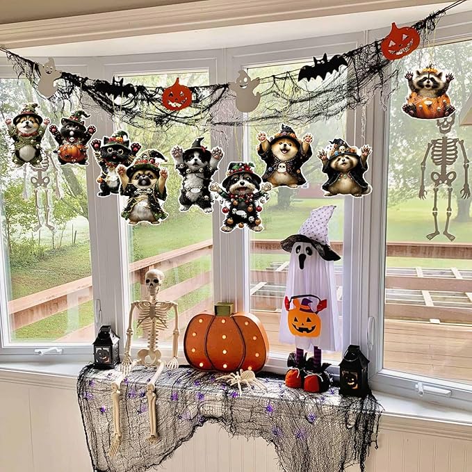 Halloween Tree Decoration,9 Pcs Funny Raccoon Acrylic Pendant, Terror Cartoon Animal Halloween Accessories, Funny Cartoon Christmas Tree Hanging Ornaments for Indoor Outdoo