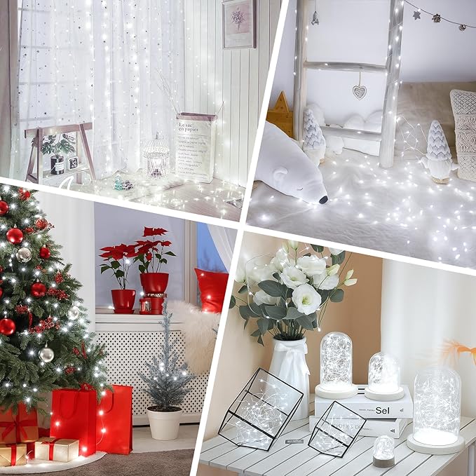 66FT(33 * 2) Rechargeable String Lights Battery Operated, Fairy Lights with Timer, Mini LED Twinkle Lights for Bedroom, Christmas Decorations, Wedding, Vine, Centerpiece Table Decor Cool White